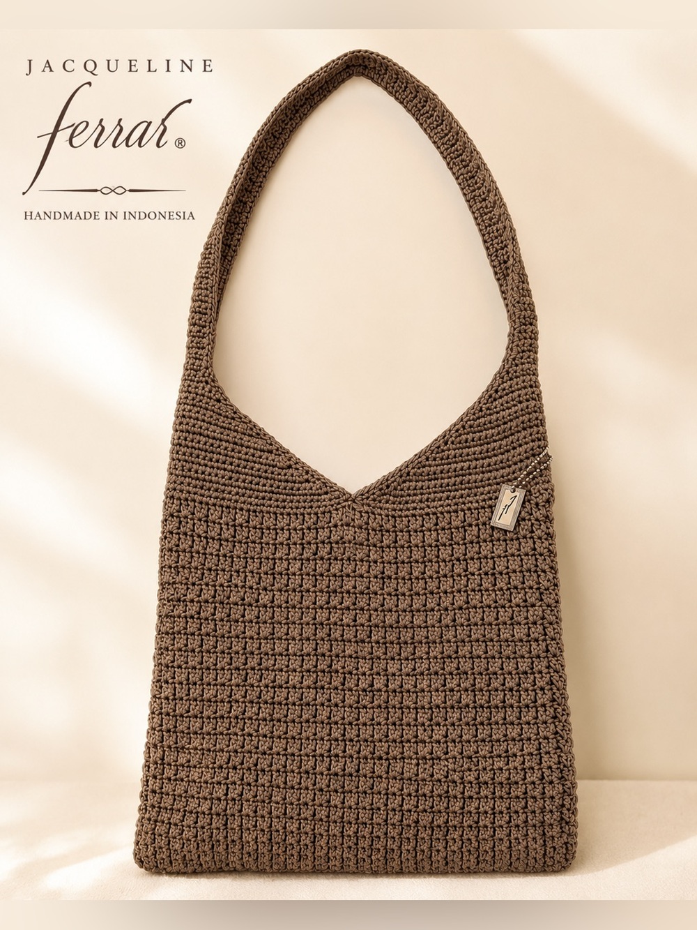 Jacqueline Ferrar Handmade Crochet Hobo Bag Brown Knit Shoulder Purse Boho
